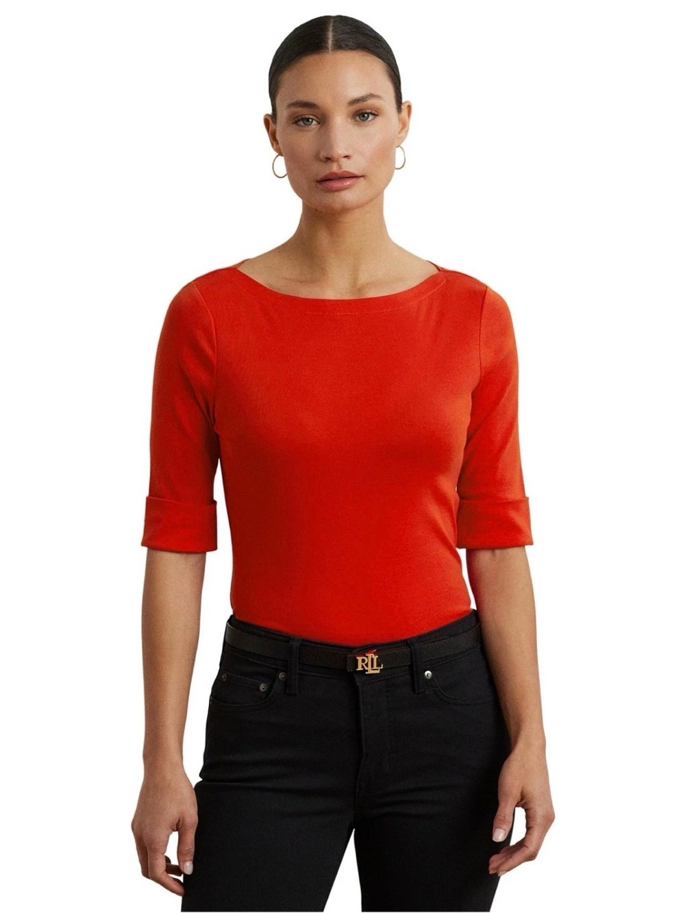 Lauren Ralph Lauren, Womens, Stretch Cotton Boatneck Tee Turned Up Sleeves, Red